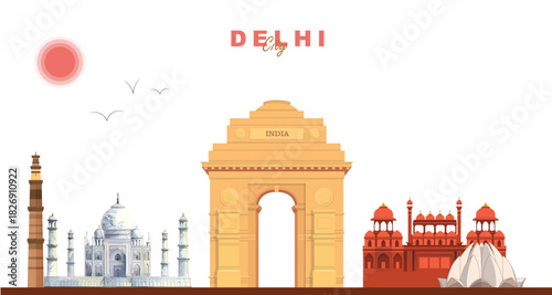 Delhi City Skyline Illustration Delhi City tourist place Vector