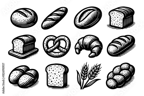 Hand drawn bakery goods collection with breads and pastries in monochrome style