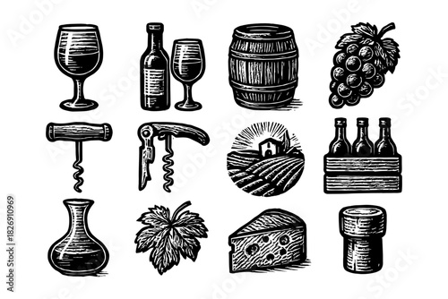 Vintage winery elements in retro woodcut style with grapes, wine, and cheese