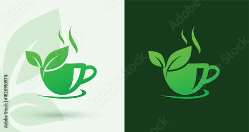 Tea cup leaf eco logo organic beverage cafe herbal drink natural wellness icon
