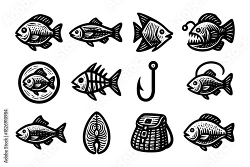Set of hand-drawn fish icons with fishing elements in monochrome style