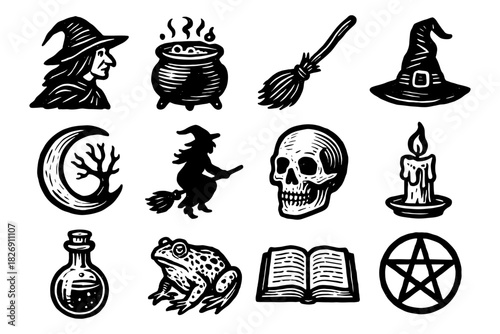Vintage halloween icons: witch, skull, potion, and broomstick in classic black and white