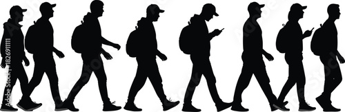 Group of eight male students or young travelers walking silhouettes with backpacks, vector illustration of youth isolated on white