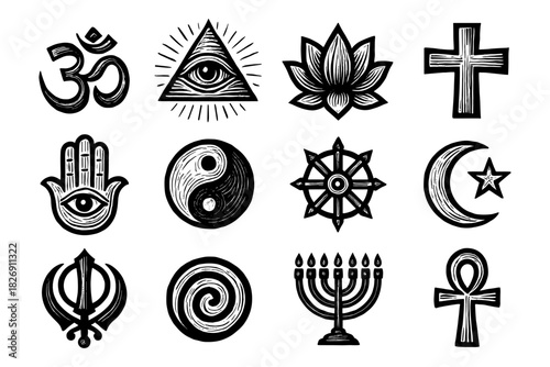 Black and white religious and spiritual symbols collection in retro style