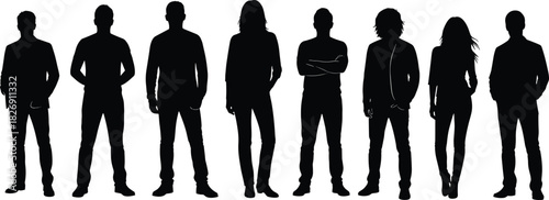 Group of people silhouettes, men and women standing together, modern casual outfit, black vector illustration for creative design and art