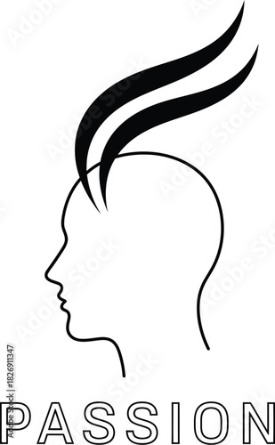 Human head profile illustration with abstract rising flame shapes, symbolizing passion, innovation, and creative thought process on white.