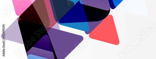 Abstract geometric shapes overlap, creating vibrant color composition. Triangles dominate design, offering modern aesthetic.