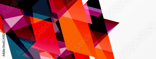 Abstract geometric shapes overlap, creating vibrant color blocks. Red, orange, purple dominate composition. Minimalist design.