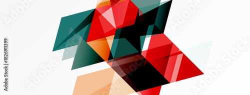 Abstract geometric shapes overlap, creating dynamic composition. Red, teal, beige tones dominate white background. Modern design.