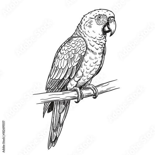 Detailed Line Art Sketch of a Tropical Parrot