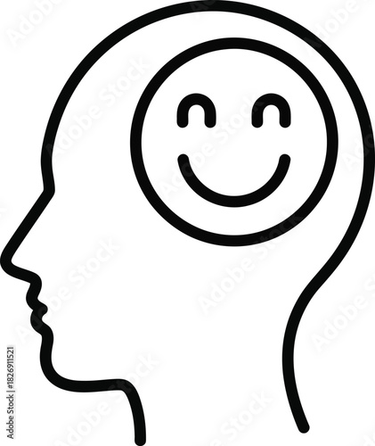 Happy mind concept, outline of human head with smiling emoji, symbolizing positive thinking, mental well-being, and joy.