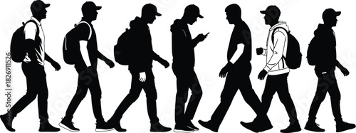 Group of walking young men silhouettes with backpacks, male students or travelers vector illustration figures isolated on white background