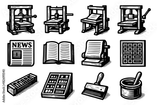 Retro woodcut printing press and publishing elements set
