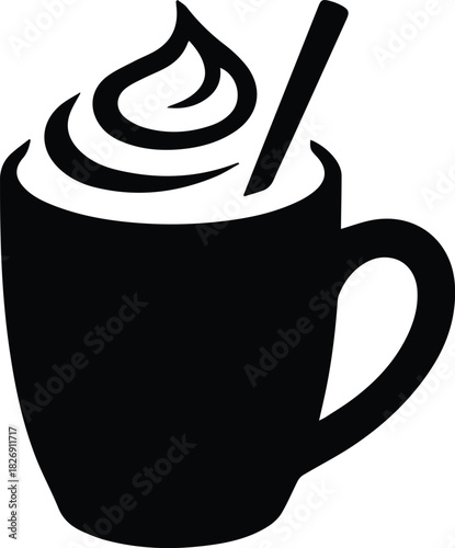 Minimalist black hot chocolate mug with whipped cream silhouette vector icon