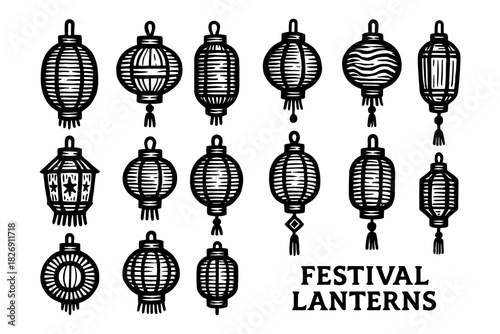 Traditional festival lanterns collection: hand-drawn cultural decor elements