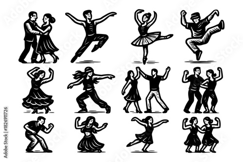 Dynamic dance styles in retro black and white illustration