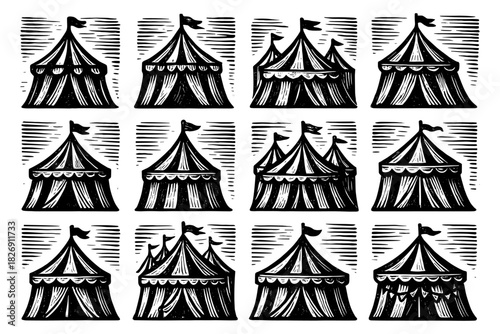 Hand-drawn ink circus tents with flags in vintage style