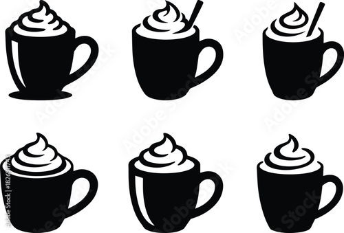 Set of Minimalist black hot chocolate mug with whipped cream silhouette vector icon