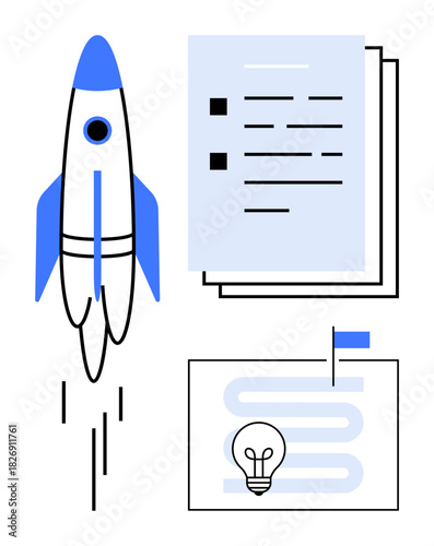 Rocket launch beside checklist documents and a roadmap with a lightbulb and flag. Ideal for teamwork, innovation, project planning, goal achievement, business strategy, startup launch, creativity