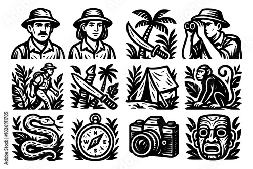 Adventure icons in black and white woodcut style: explorer, jungle, wildlife, and expedition elements