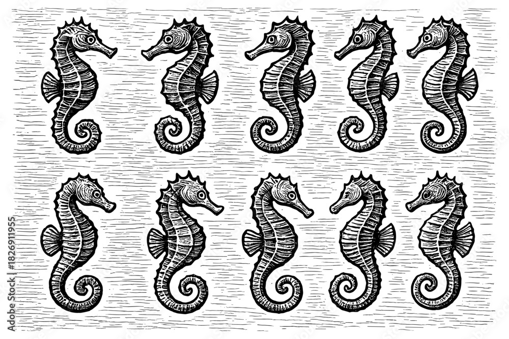 Obraz premium Vintage engraved seahorse pattern with retro nautical charm