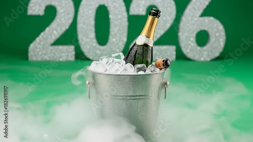 Champagne Bottle in Ice Bucket with Smoke Effect and 2026 Text
