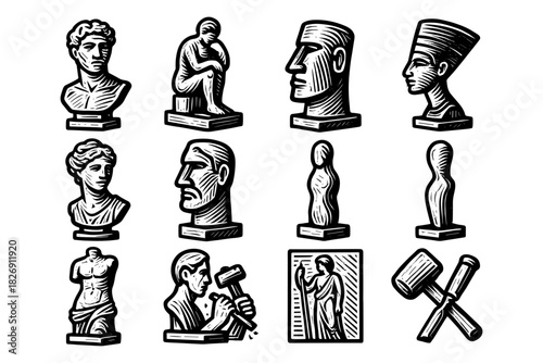 Classic black and white engravings of ancient sculptures and busts
