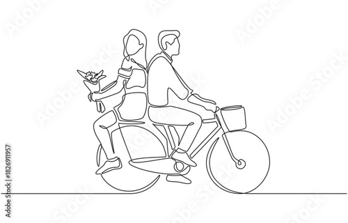 Continuous one line drawing of couple riding bicycle together while girlfriend sitting at back holding bouquet, romance, companionship, shared moment concept, single line art.