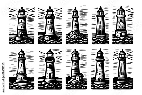 Vintage black and white lighthouse collection with nautical design elements