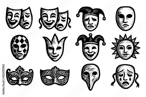 Collection of dramatic theater masks in vintage black and white style