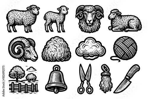 Vintage sheep and farm elements collection with detailed wool and tools designs