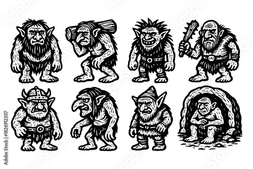 Vintage troll characters in black and white: unique monstrous figures and creatures