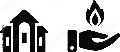 Symbolic representation of a house and a hand holding a flame representing home heating and energy