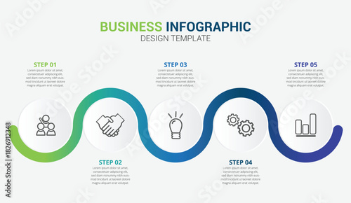 Modern business infographic template with colorful wavy line and icons representing steps and growth