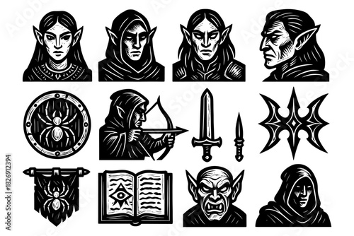 Fantasy elves and medieval objects in intricate black and white style