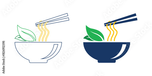 Minimal line art illustration of noodle bowl with chopsticks and fresh leaves in two style variations, representing healthy Asian food and organic cuisine