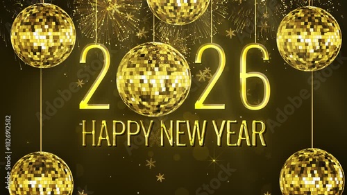 Happy New Year 2026 Greetings Text Background Animation With Disco Balls and Fireworks