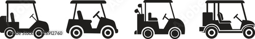 Golf carts silhouette icons set isolated on transparent background, electric transport vehicle collection, side view vector illustrations, isolated simple flat design.