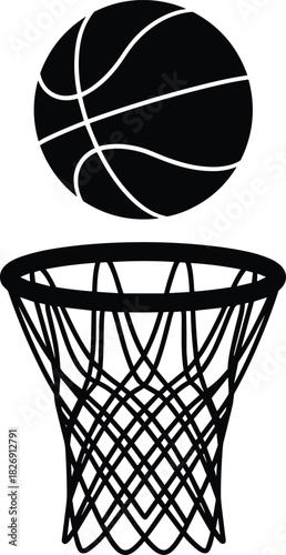 Basketball and Hoop Silhouette Vector Illustration, Black Graphic of Ball Scoring a Basket, Sports Game, Competition, Success, Goal, and Winning Moment Icon Design.