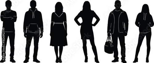 Modern people silhouettes, men and women in casual fashion outfit, stylish standing poses, black vector illustration for design and art