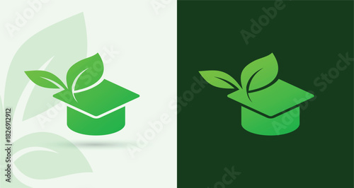 Graduation cap leaf eco logo education learning academy school study green knowledge icon
