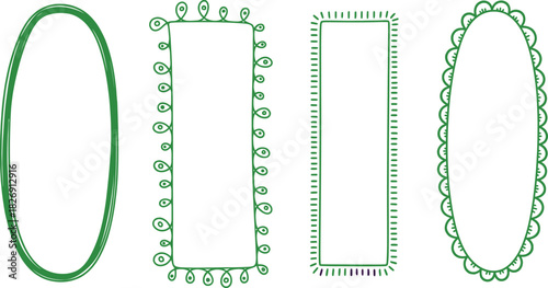 Artistic collection of four green hand-drawn frames and borders, featuring oval and rectangular vector design elements for creative projects