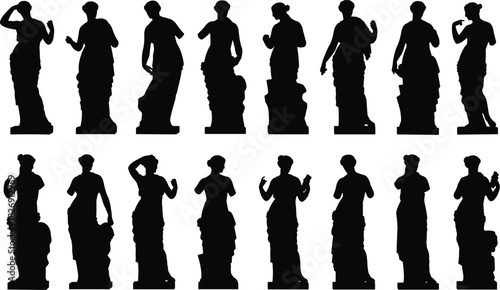Classical Greek Roman Statue Silhouette Vector Set, Ancient Sculpture of Female Figure, Venus, Goddess, Antique Art, Mythology, and History Museum Graphic Collection.