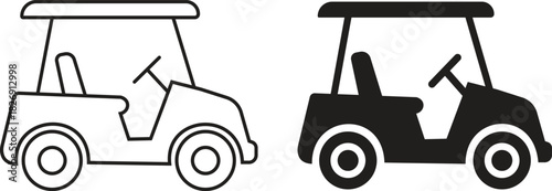 Two golf cart outline and silhouette styles icons set isolated on transparent background, electric transport vehicle collection, side view vector illustrations, isolated simple flat design.