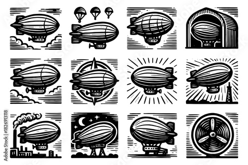 Vintage airship collection featuring zeppelins with industrial and nautical themes