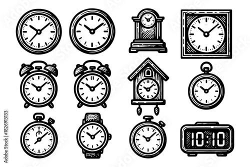 Diverse hand-drawn clock collection featuring analog, digital, stopwatch, and alarm designs