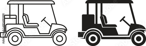 Two golf cart outline and silhouette styles icons set isolated on transparent background, electric transport vehicle collection, side view vector illustrations, isolated simple flat design.