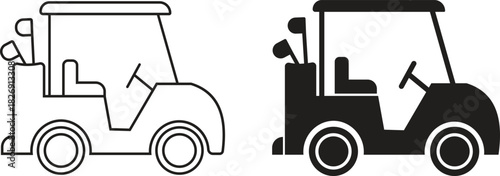Two golf cart outline and silhouette styles icons set isolated on transparent background, electric transport vehicle collection, side view vector illustrations, isolated simple flat design.