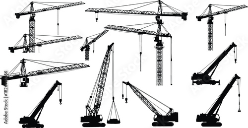 Construction Crane Silhouette Vector Set, Heavy Equipment, Tower Cranes, Mobile and Crawler Lifts, Industrial Machinery, Engineering, Lifting, and Building Site Illustrations Collection.