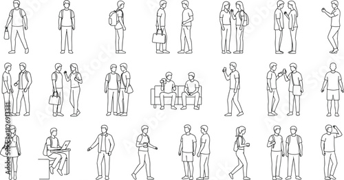 People outline illustration set, men and women in casual outfit, talking, walking, working poses, modern vector design collection